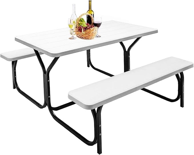 Picnic Table, Outdoor Table Bench Set with Metal Frame & Wood-Like Texture, Large Picnic Table with All Weather-Resistant Tabletop, Camping Picnic Tables for Patio, Lawn, Dining Party