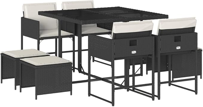 9 Piece Patio Dining Set with Cushions Black Poly Rattan Outdoor Table Chairs Stools Tempered Glass for Garden Backyard Deck Entertaining