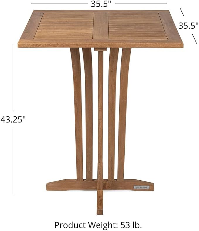 Ash & Ember Acadia Grade A Teak 35" Square Bar Table, Weather Resistant Solid Wood Patio Furniture, Tightly Spaced Slats and Brass Hardware, for Garden, Backyard, Indoor Outdoor Patio Furniture