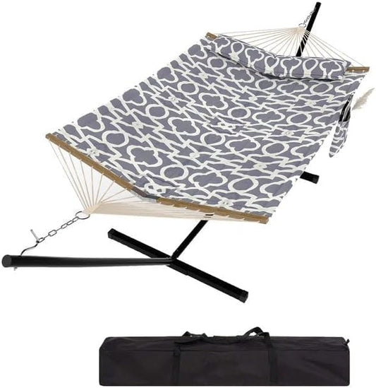 2 Person Outdoor Hammock with Stand, 450LBS Capacity, Heavy Duty Hammock with Carrying Bag & Soft Pillow, Portable Indoor Outdoor Hammock, Perfect for Backyard Patio Beach