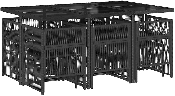 10-Seater Garden Dining Set with Black Poly Rattan and Powder-Coated Steel, Rectangular Table and Cushioned Chairs, Foldable Outdoor Furniture for Patio or Backyard