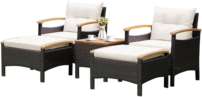 5PCS Patio Rattan Furniture Set Sofa Ottoman Cushioned Table W/Wood Top