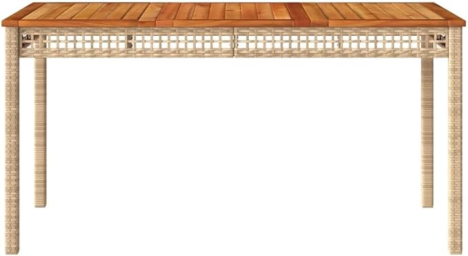 Beige 55.1" x 31.5" x 29.5" Rectangular Patio Table with PE Poly Rattan Base and Acacia Wood Top for Garden Backyard