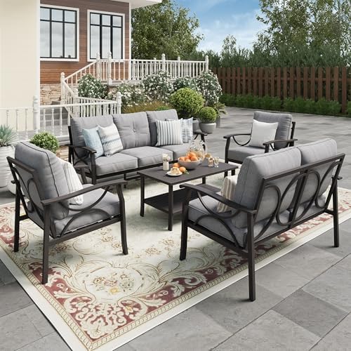 FansaFurn 5-Piece Outdoor Patio Furniture Set, Outdoor Metal Sectional Furniture with Cushions, Outdoor Conversation Seating Set with Coffee Table for Balcony, Garden, Deck, Backyard, Grey