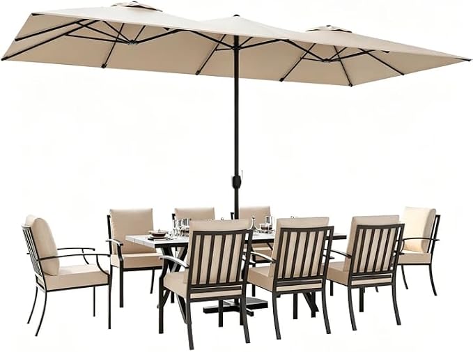 ALAULM 9-Piece Patio Dining Set with 14FT Patio Umbrella,Outdoor Dining Set with 8 Metal Chairs & Rectangle Table with1.5 Umbrella Hole, Patio Dining Table and Chairs for Backyard,Poolsid-Sand