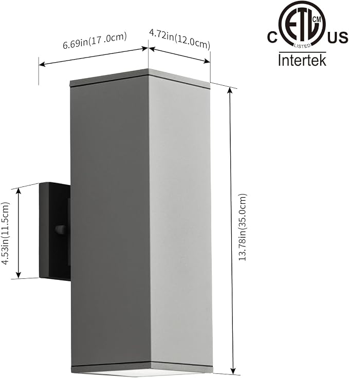 mirrea 14" Modern Outdoor Porch Light in 2 Lights, Matte Gray, 2 Pack | Patio wall sconce, aluminum rectangular tube, tempered glass, waterproof. Up & down lighting for outdoor wall mount fixture.