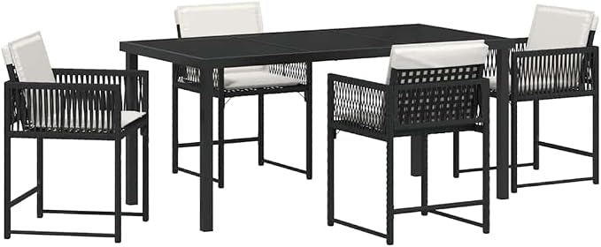 5 Piece Garden Dining Set, Black Poly Rattan Patio Furniture with Glass Table and 4 Chairs for Backyard, Balcony and Outdoor Space