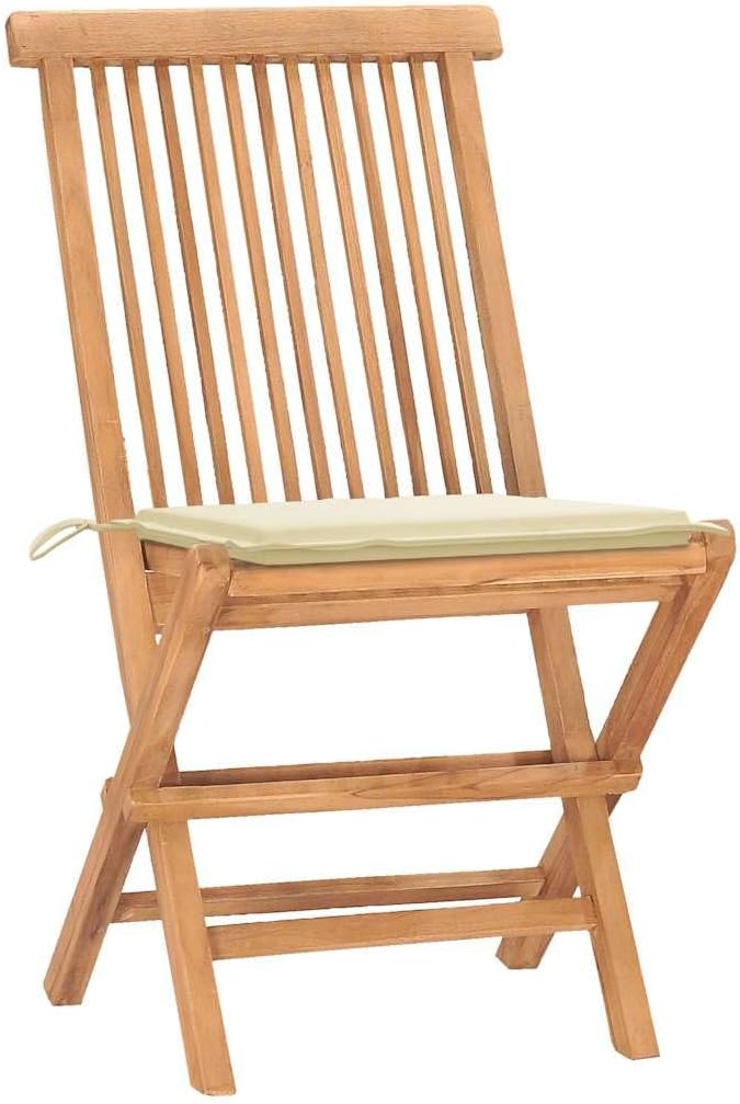 3 Piece Folding Patio Dining Set with Cushion Solid Teak Wood for Outdoor Garden Deck, Space Saving Foldable Table and 2 Chairs with Cream Cushions Weather Resistant