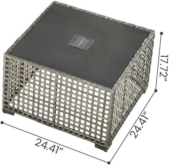 HOOOWOOO Outdoor Patio Side Table with Solar Light,Wicker Coffee End Table Glass Top,LED Deck Table for Yard,Deck,Porch,Garden(Grey)