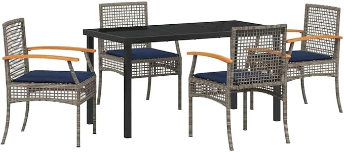 5 Piece Outdoor Garden Dining Set with Rattan Chairs and Black Glass Table, Weather Resistant Patio Furniture for Backyard, Balcony and Terrace, Grey