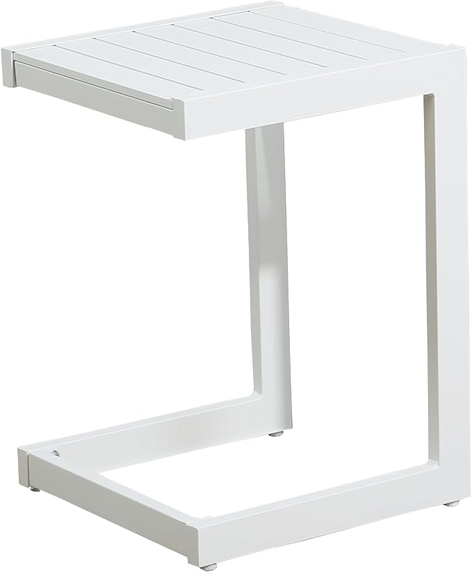 Ulax furniture Aluminum Patio Snack Side Table - C Shaped Outdoor End Table for Small Spaces (White)