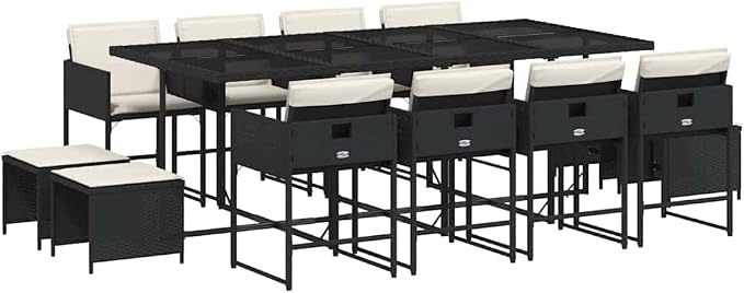 Garden Dining Set Black PE Rattan Large Foldable Outdoor Patio Table with 8 Chairs and 4 Stools for 12 Person Family Gathering, UV Resistant Weatherproof Seating for Modern Rectangular Glass
