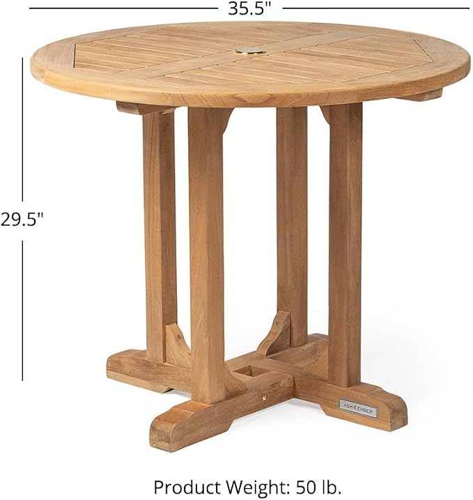 TITAN GREAT OUTDOORS Ash & Ember Luna Grade A Teak Round Dining Table, 35" Teak Wood Table, Weather-Resistant Premium Solid Wood Furniture, Fits Standard Patio Umbrellas, Fits 3 People Comfortably