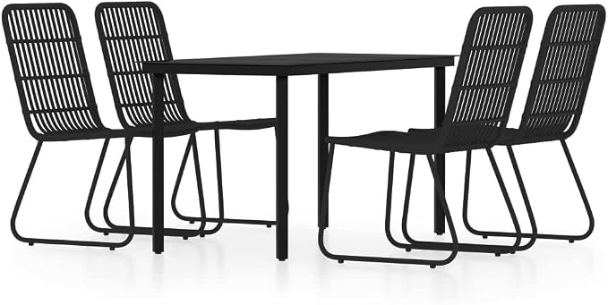 5 Piece Outdoor Dining Set with Black Powder-Coated Steel Frame, PE Rattan Accents, and Glass Tabletop for Patio or Garden