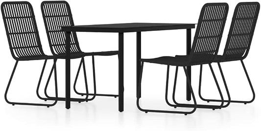 5 Piece Outdoor Dining Set with Black Powder-Coated Steel Frame, PE Rattan Accents, and Glass Tabletop for Patio or Garden