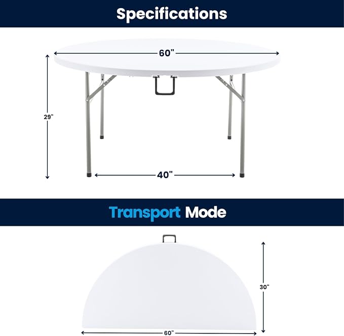 BTEXPERT White 5 Ft 60inch Round Plastic Folding Table Commercial Portable Indoor Outdoor Accessory for Patio Backyard Dining Wedding Party Events Home Kitchen