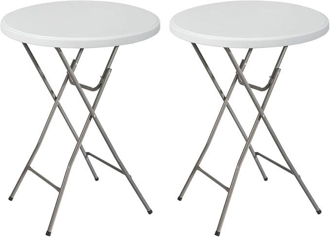 Bonnlo 32" Cocktail Table High Top Table, Folding Round Table Bar Height, HDPE Matrial with Gray Metal Finish for Outdoor Party, Backyard, Dining Room, Wedding Event,White- 2PCS