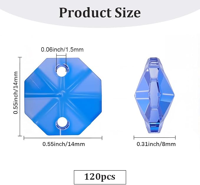 120Pcs Blue 14mm Octagonal Crystal Beads Prism Beads Bulk with 2 Holes Crystals Chandelier Replacement Parts Connector Sun Catcher Faceted Spacers for DIY Lamp Hanging Pendant Jewelry DIY