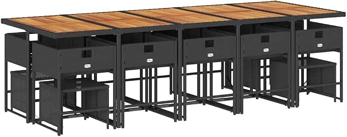 15 Piece Outdoor Patio Dining Set with Cushions, Black Poly Rattan Wicker Furniture for Garden Backyard, Acacia Wood Table, Folding Chairs & Stools, UV-Proof Weather-Resistant Al Fresco Dining