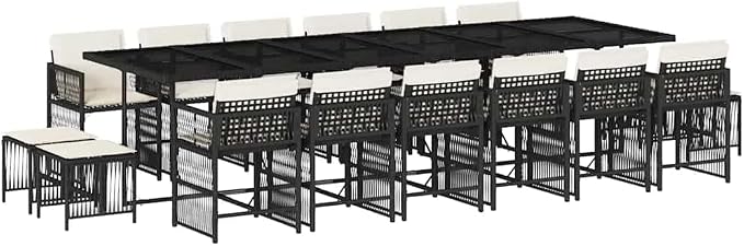 17-Piece Garden Dining Set, 16Person Patio Furniture Set with Large Rectangular Table, 12 Foldable Chairs, 4 Stools, Black Poly Rattan and Cream Cushions for Backyard
