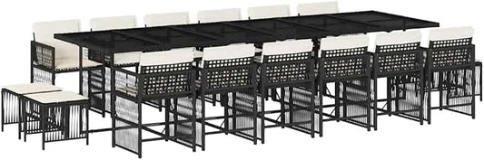 17-Piece Garden Dining Set, 16Person Patio Furniture Set with Large Rectangular Table, 12 Foldable Chairs, 4 Stools, Black Poly Rattan and Cream Cushions for Backyard