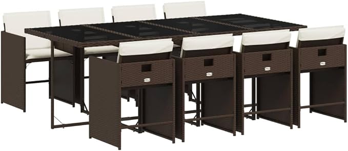 9-Piece Patio Dining Set with Cushions Brown Poly Rattan Outdoor Furniture Set for Backyard Balcony Porch Includes Tempered Glass Table & Foldable Chairs