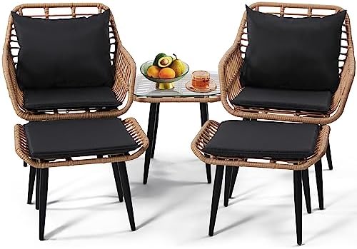 5-Piece Wicker Patio Furniture Set - 2 Chairs, 2 Ottomans & Side Table - Stylish Outdoor Conversation Set for Porch, Balcony, Deck & Backyard - Natural Finish