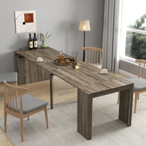 23.62”-118.11” Extendable Dining Room Table, 1-10 People Wood Long Foldable Tables with Storage Cabinet & Outlet, Space Saving Expanding Table with for Kitchen, Living Room, Party, Brown