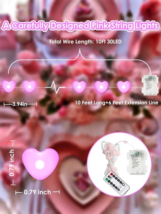 Pink Heart Fairy Lights Battery Operated 30 LED String lights Valentines | Remote Control, 8 Modes, Timer, Adjustable brightness, Waterproof Lights for Indoor Outdoor Classroom Christmas Decor