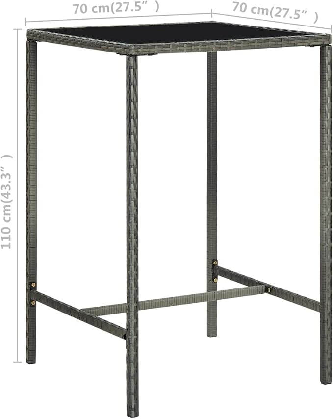 Outdoor Bar Table Grey 27.6 x 27.6 x 43.3 in Square Patio Cocktail Table PE Rattan & Tempered Glass Modern Bistro Table for Balcony Garden Porch Backyard