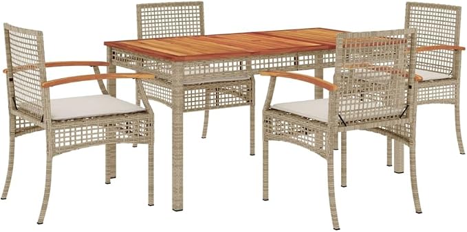 5 Piece Patio Dining Set with Cushions Beige Poly Rattan Outdoor Garden Table and Chairs Set for Backyard Deck, UV-Proof Wicker Dining Furniture with Tempered Glass Top and Removable Washable Covers