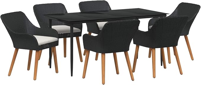 7-Piece Garden Dining Set, Patio Furniture Table and 6 Chairs with Comfortable Cushions, Weather-Resistant Poly Rattan Outdoor Dining Furniture for Backyard Deck Poolside