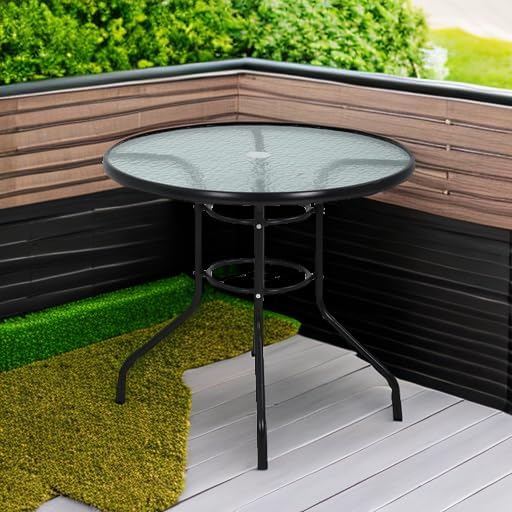 MKDLUFEI 32 Inch Round Outdoor Dining Table, Patio Table with Umbrella Hole, Tempered Glass Top, Black Steel Frame