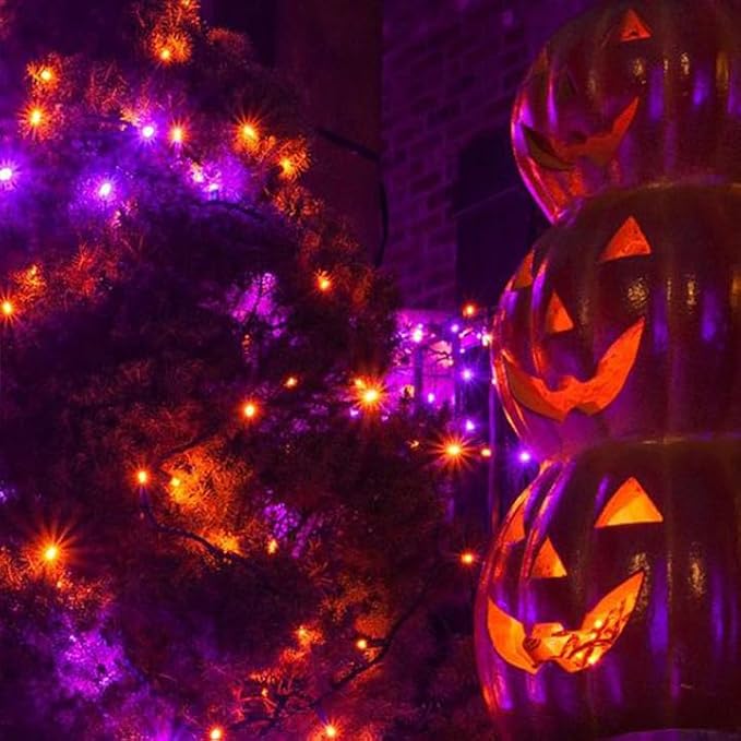 Solar Halloween Lights Outdoor 2 Pack 200 LED String Lights Orange Purple | 8 Lighting Modes, Memory Function, Auto On/Off, 66FT Waterproof Twinkle Lights for Outside Garden Party Tree Horror Decor