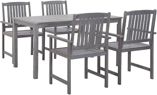5 Piece Patio Dining Set, GraySolid Acacia Wood Outdoor Dining Table and 4 Chairs with 2 Inch Parasol Hole for Garden, Backyard, Deck, and Porch