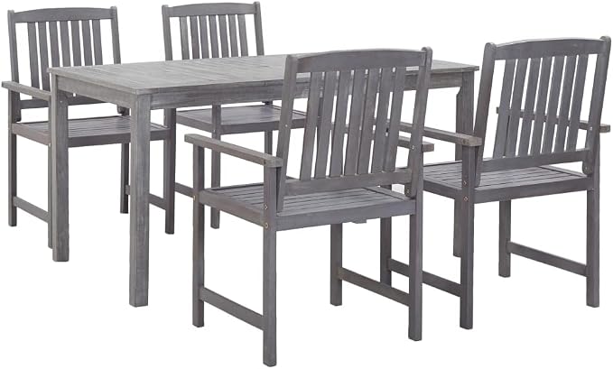 5-Piece Gray Acacia Wood Patio Dining Set with Parasol Hole | Includes one table and four chairs, featuring weather-resistant construction for backyard and deck use.