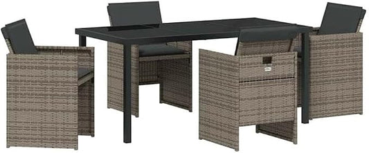 Afuera Living 5 Piece Poly Rattan Patio Dining Set, Gray, Tempered Glass Table, Powder-Coated Steel Legs, Weather-Resistant Cushions, Modern Design for Outdoor Garden or Patio Dining
