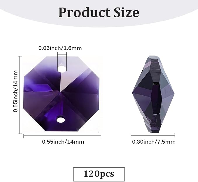 120Pcs 14mm Glass Octagon Beads 2 Hole Crystal Prism Beads Dark Orchid Crystal Chandelier Parts Replacement Connector Sun Catcher Faceted Spacer for Suncatcher DIY Lamp Pendant Jewelry Making