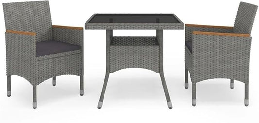 Afuera Living 3-Piece Poly Rattan Patio Dining Set, Gray and Brown, Acacia Wood Table, Weather-Resistant Steel Frame, Cushioned Seats, Modern Style for Outdoor Garden, Balcony, or Terrace Dining