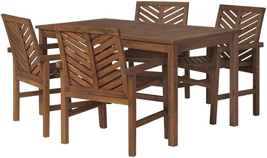 Walker Edison 4 Person Outdoor Wood Chevron Patio Furniture Dining Set Table Chairs All Weather Backyard Conversation Garden Poolside Balcony, 5 Piece, Dark Brown