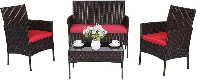 Patio Furniture Set, Outdoor Furniture Set 4 Pieces Patio Conversation Set PE Rattan Chair with Cushion Tempered Glass Table Garden Balcony Sets for Yard Pool Backyard Brown/Red