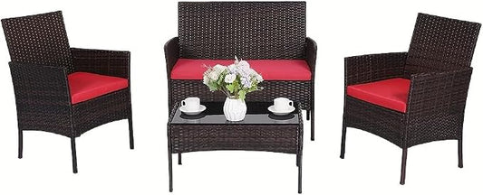 Patio Furniture Set, Outdoor Furniture Set 4 Pieces Patio Conversation Set PE Rattan Chair with Cushion Tempered Glass Table Garden Balcony Sets for Yard Pool Backyard Brown/Red