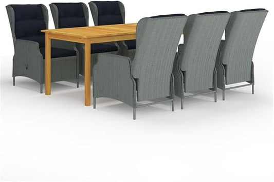 Afuera Living 7-Piece Patio Dining Set, Light Gray Synthetic Rattan and Acacia Wood, Oiled Finish, Rectangular Table with 6 Adjustable Backrest Chairs, Removable Cushions, Outdoor Garden Terrace