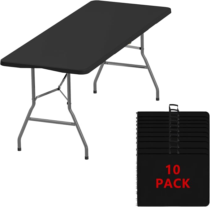 6FT Folding Tables – Heavy Duty Portable Foldable Picnic Table with Built-in Handle, 450 lb Capacity – Ideal for Events, Parties, Crafts, Camping & Dining (10-Pack, Black)
