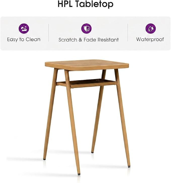PURPLE LEAF Outdoor Bar Height Table Aluminum Patio High Bar Stools Pub Dining Table for Kitchen Island Balcony Deep Teak