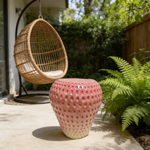 13.4" Oversized Resin Side Table, Strawberry Pink Fruit Stool Indoor Outdoor Plant Stand Statue Table, Waterproof Garden Decoration, Multi-Purpose Kids Seat Patio Furniture (Strawberry Pink)