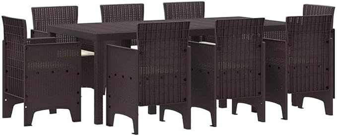 BOWERY HILL Contemporary Poly Rattan Patio Dining Set, Brown Finish, Rectangular Table with Cushioned Seating for 8, Outdoor Weather-Resistant Garden Furniture, Modern Design for Alfresco Dining