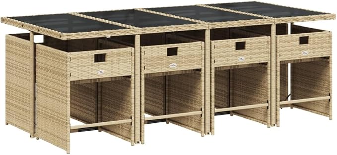 9-Piece Patio Dining Set with Cream Cushions Beige PE Rattan Outdoor Furniture Set for Backyard Garden Balcony Porch