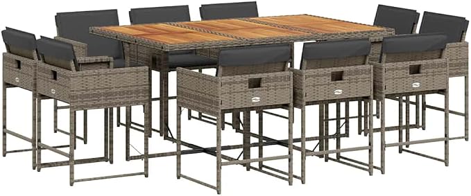 11 Piece Patio Dining Set with Cushions Gray Poly Rattan Outdoor Table and 10 Folding Chairs Acacia Wood Top for Garden Backyard Deck Entertaining UV Proof 242.5 lb Capacity