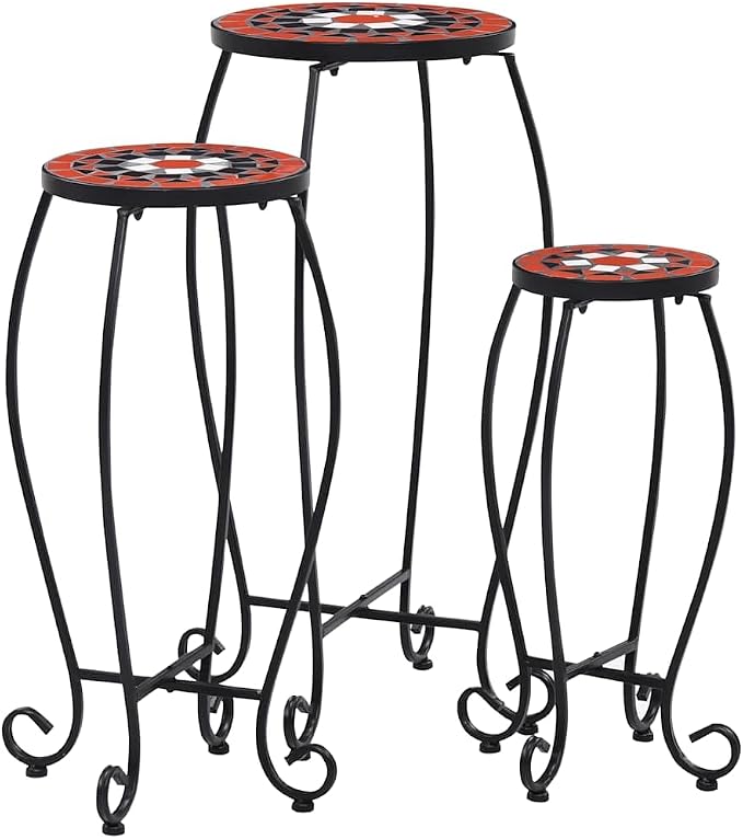 Set of 3 Mosaic Side Tables, Terracotta and White Round Tile Top Iron Accent Tables for Indoor and Outdoor Living Room Garden Patio Decor